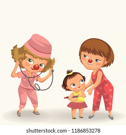 Doctor therapist vector illustration. Cartoon woman therapeutist in medical uniform standing with stethoscope. Medicine healthcare concept Mother and daughter, mom with little child.