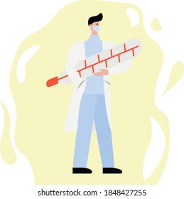 Doctor with a thermometer. Actual profession. A man in a mask, gown and medical suit. White robe, blue suit. Hyperbolic character. Yellow background with character