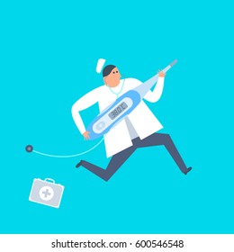 Doctor with a thermometer runs to a patient. First aid, ambulance, urgent care flat concept illustration. Medic and temperature measurement tool. Medicine, healthcare, treatment, vector design element