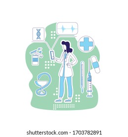 Doctor thin line concept vector illustration. Female physician, pharmacist, woman wearing medical gown 2D cartoon character for web design. Medicine, pharmacology, healthcare creative idea