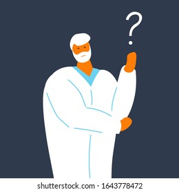 Doctor thinking. Medical worker. Question mark on a dark background. Cartoon vector illustration.