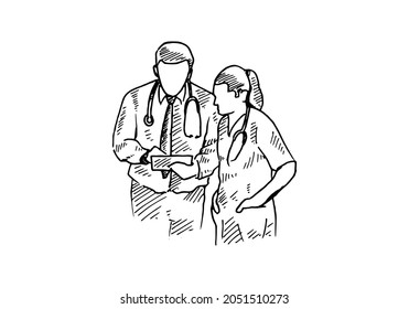 Doctor.	This team of doctors is looking at a patient's medical history.	Retro vintage sketch vector illustration. Engraving style. black isolated on white background. vector draw graphic design 