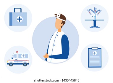Doctor and Tools for Treating and Observing Patients. Flat Cartoon Male Medical Specialist Portrait and Bag, Ambulance, Robotic Surgery Arm, Health Consumer Card Icons. Vector Healthcare Illustration