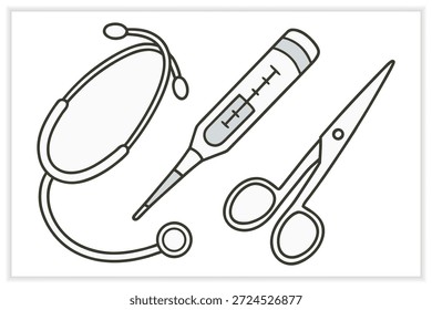 Ferramentas Médicas Vetor Ilustração Conjunto Equipamentos Médicos, Saúde, Instrumentos de Diagnóstico