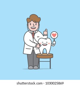 Doctor & Tooth character tooth dental checkup illustration vector on blue background. Dental concept.