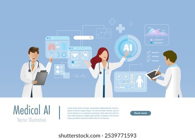 Médico toque AI rede de dados médicos conectando. Tecnologia de inovação de inteligência artificial para diagnóstico, tratamento e tratamento do paciente com precisão crescente. Investigação e desenvolvimento. 