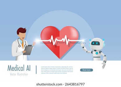 Eletrocardiograma (ECG, EKG) interage no coração do quebra-cabeça com robô IA. Tecnologia de inovação de inteligência artificial para assistência e diagnóstico de tratamento médico. Investigação e desenvolvimento.