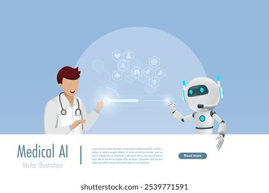 Doctor touch medical data network connecting interact with AI artificial intelligence robot. Artificial intelligence innovation technology for diagnosis patient treatment. Research and development.