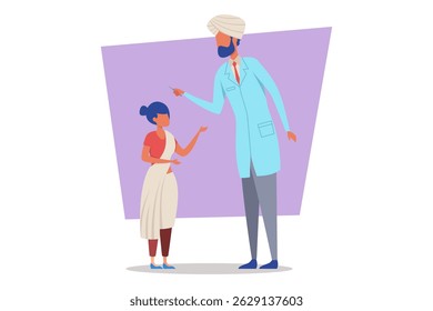 Doctor in traditional attire consulting with young girl in medical office. Doctor discussing health topics with girl, promoting well-being