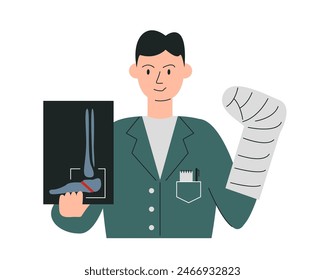 Doctor traumatologist estimating medical exams. Male character in surgical gown holding leg plaster. Man in uniform studying patient x-ray photo. Medic orthopedist hand drawn flat vector illustration