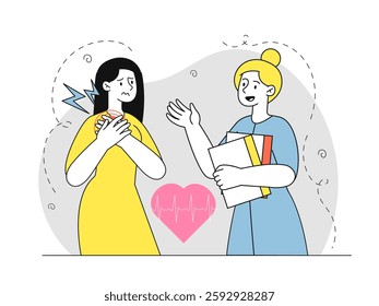 Doctor treat heartache. Woman in medical uniform help young girl with heart attack. Cardiologist with patient. Healthcare and medicine. Linear vector illustration