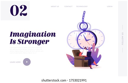 Doctor Treat Mental Disorder Using Hypnosis Landing Page Template. Professional Psychiatrist Female Character Write in Notebook with Huge Swinging Pocket Watch above Head. Cartoon Vector Illustration