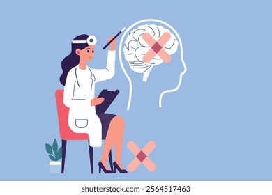 Doctor treating brain injury. Female physician with clipboard and bandage, symbolizing neurology, mental health care, and medical treatment. Flat vector illustration for healthcare.