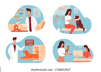 Doctor treating domestic animal patient in veterinary clinic. Cat, dog, parrot pet owner ask for help. Examination equipment in hospital office. Veterinarian listen heart beat, do KT. People scene set