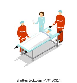 Doctor Treating Patient. First Aid Stretcher. Isometric View. Vector illustration