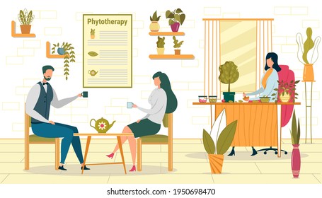 Doctor Treating with Phytotherapy and Traditional Medicine. Couple Sitting at Table and Drinking Tea from Plant Extract and Herb. Medical Treatment Procedure Flat Cartoon Vector Illustration.