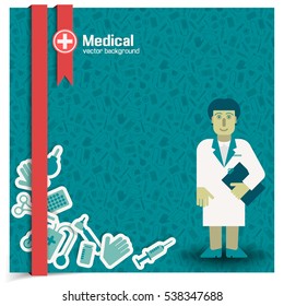 Doctor and treatment background with ribbon and care symbols flat vector illustration