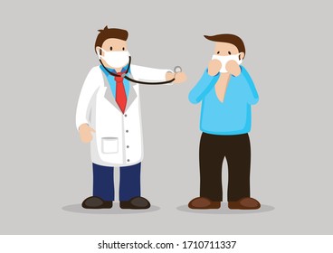 Doctor treatment with a coughing patient with fear of the coronavirus. Concept of influenza outbreak. Vector illustration.