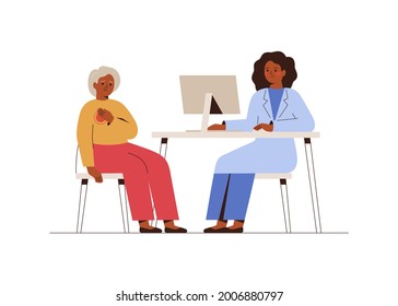 Doctor treats her middle-aged woman with pain in the breast. Cardiologist checks up woman's heart. Psychologist has offline consultation with anxious senior female.Cardiology and mental health concept