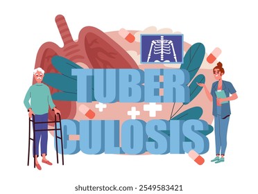 Doctor treats tuberculosis. Woman in medical uniform near lungs. Healthcare and medicine. Diagnosis and treatment. Biology and anatomy. Flat vector illustration isolated on white background