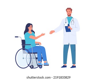 A doctor treats a young patient in a wheelchair characters design illustration