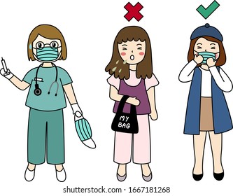 Médico y dos pacientes con infografía, desgaste y no desgaste mascarilla facial que el método on para la prevención, así que por favor evitar ir a los lugares de riesgo. Ilustración vectorial del virus Corona