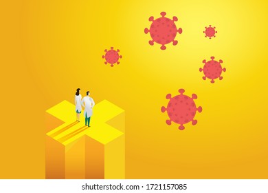 Doctor two professional standing fight Covid-19 coronavirus in background orange at light falls. icon for medical, illustration Vector