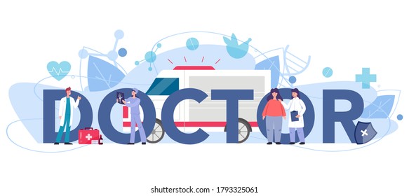 Doctor typographic header. Therapist examine a patient. General health specialist. Medicine and healthcare concept. Vector flat style cartoon illustration