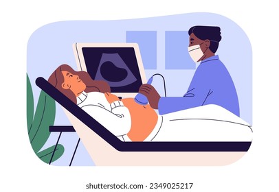 Médico de diagnóstico por ultrasonido y embarazo. Paciente embarazada en ultrasonografía, sonografía en hospital. Bebé de exploración obtetrista, examen sonográfico. Ilustración vectorial aislada plana en blanco