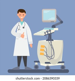 Doctor And Ultrasound Machine, Vector