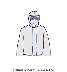 Doctor un full protective medical suit - cartoon man in goggles and PPE virus hazard uniform. Scientist in coronavirus safety equipment ensemble - flat isolated vector illustration