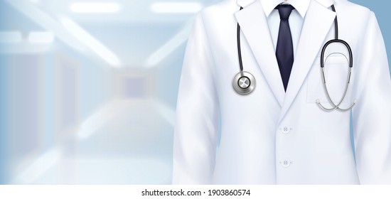 Doctor uniform background composition with realistic closeup view of doctors white gown with stethoscope and tie vector illustration
