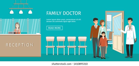 Doctor in uniform and family of patients characters standing near consulting room and hospital reception. Vector illustration with place for text.