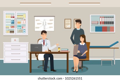 Doctor in uniform give two patients some medicine drugs. Family at a doctor's consultation in clinic office. Practitioner and couple people man and woman in consulting room. Vector illustration.