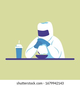 The doctor in uniform is having dinner at the table. Front view. Color vector cartoon illustration. For coronavirus epidemic quarantine.