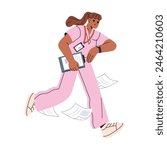 Doctor in uniform hurries. Nurse lates, looks at watch. Medic runs, drops documents on the go and papers flying apart. Physician with tablet in hand rushes. Flat isolated vector illustration on white