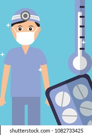 doctor uniform and mask with pills and thermometer