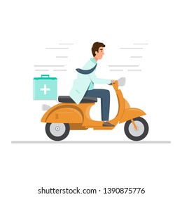 doctor in uniform riding motorcycle with medical first aid kit. vector illustration flat cartoon