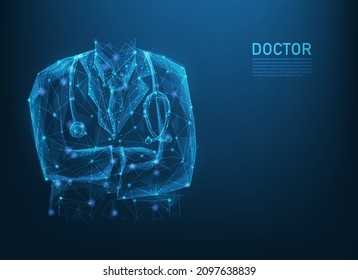 doctor uniform with stethoscope low poly wireframe. Healthcare, medical and hospital concept. consisting of dots, lines, and shapes. vector illustration futuristic style. copy space for text input.