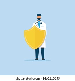 Doctor in Uniform with Stethoscope on Shoulders Holding Shield Standing Isolated on Blue Copy Space. Vaccination Program for Disease Prevention Idea. Medical Health Cartoon. Flat Vector Illustration