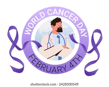 doctor in uniform with stethoscope and purple ribbon world cancer day breast disease awareness prevention poster 4 february