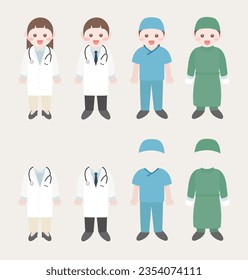 Doctor in uniform. Vecter character illustration set.