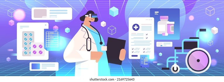 doctor in uniform wearing digital glasses vr vision headset innovation metaverse concept medicine healthcare concept