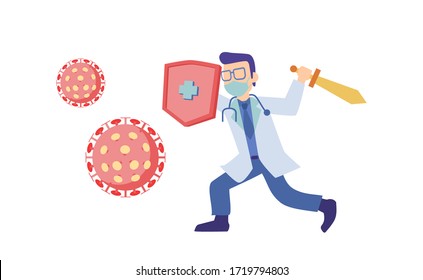 Doctor use face mask with protective medical shield and sword to fight and protect coronavirus (covid-19). Sars N-CoV 2 global pandemic disease. modern flat design character illustration