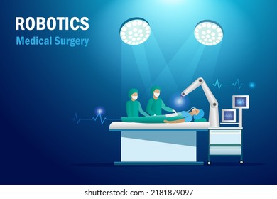 Doctor use robotic arm operating patient in surgical room in hospital. AI intelligence software innovation technology in medical and health care industry.