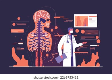 Doctor uses AI for medical diagnosis. Flat style vector illustration. Human interaction with a neural network concept