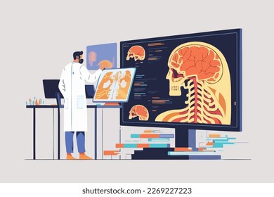 Doctor uses AI for medical diagnosis. Flat style vector illustration. Human interaction with a neural network concept