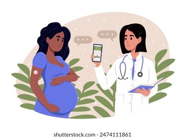 A doctor uses a continuous glucose sensor on the arm of a pregnant patient to improve diabetes control. A doctor shows a phone that displays a blood sugar test on a smartphone app.