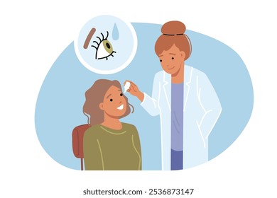 Doctor uses eye drops to treat dry pupils to help little girl treat DES that is causing discomfort. DES syndrome in child visiting kind woman pediatrician helping to save eye and vision