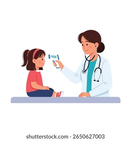 A doctor uses a forehead thermometer to take a child's temperature.  Friendly interaction between caregiver and patient.